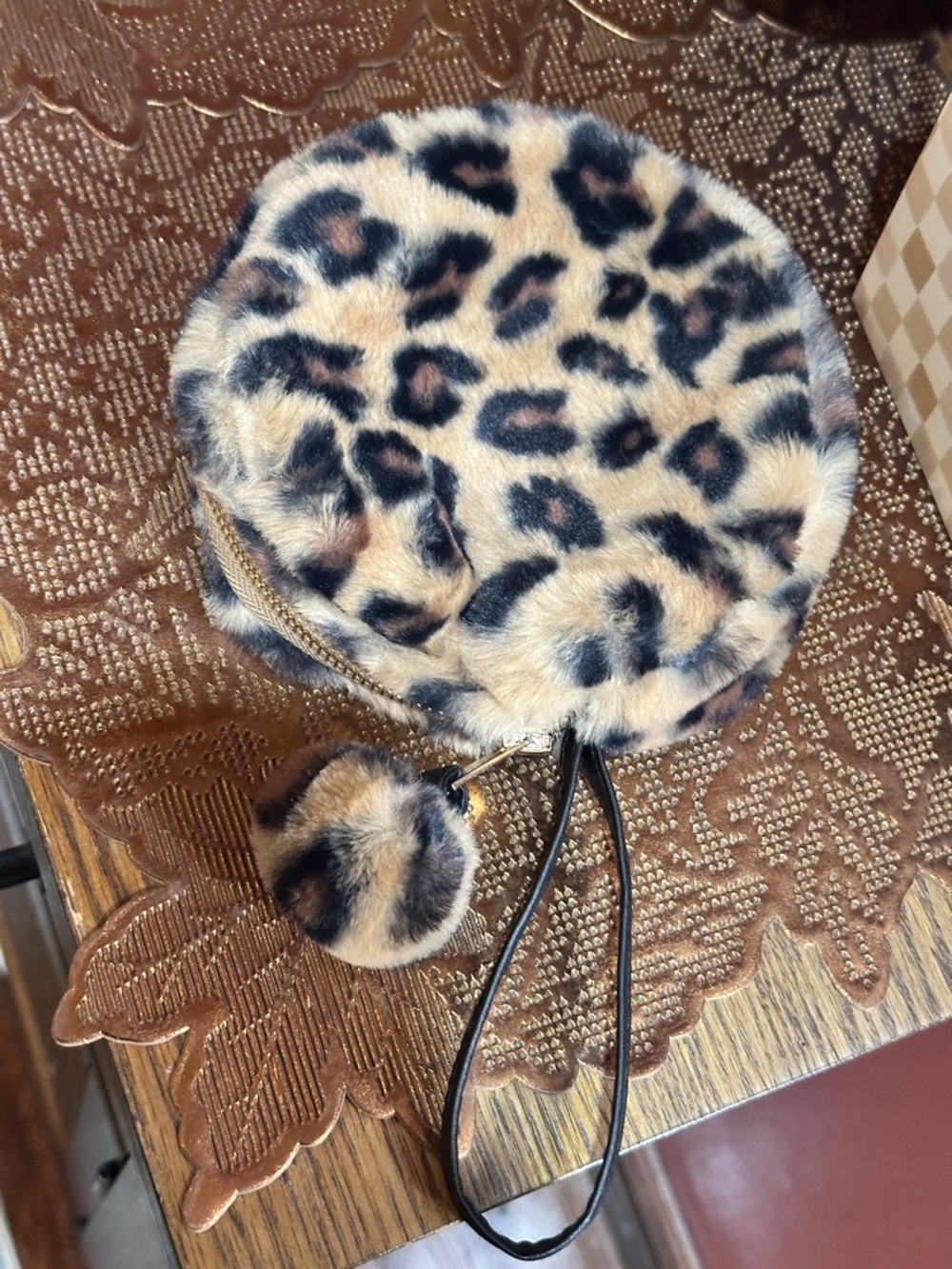 Plush Leopard Print Round Wristlet Bag